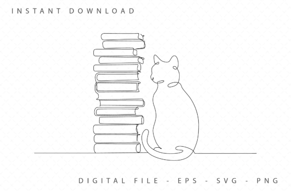 Cute Cat with Tall Book Stack, Line Art Review