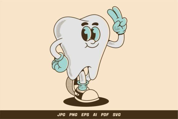 Cute Tooth Character with Peace Sign