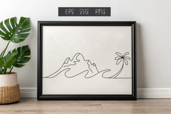 One Line Drawing of Mountains and Palm